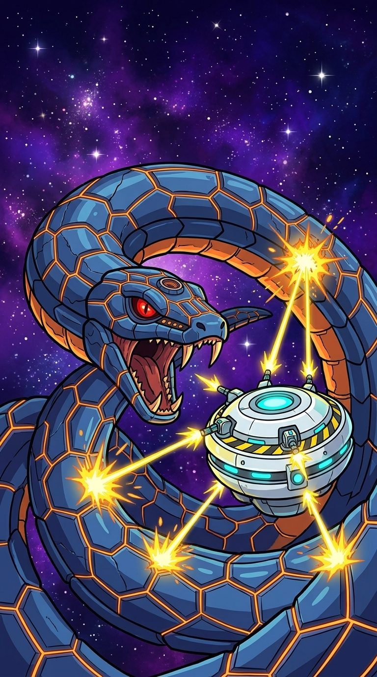 A giant armoured space wyrm coils around a small space station that fires lasers back at it.